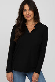 Black Ribbed Split Collar Top