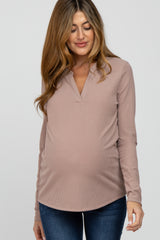 Beige Ribbed Split Collar Maternity Top