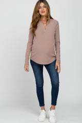 Beige Ribbed Split Collar Maternity Top