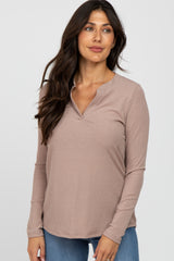 Beige Ribbed Split Collar Maternity Top