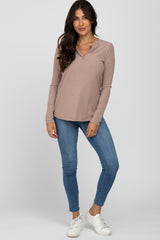 Beige Ribbed Split Collar Top