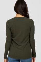 Olive Ribbed Split Collar Top