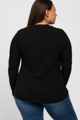 Black Ribbed Split Collar Plus Top