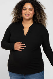 Black Ribbed Split Collar Maternity Plus Top