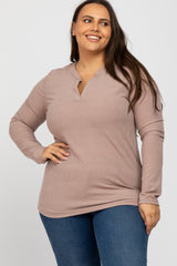 Beige Ribbed Split Collar Maternity Plus Top