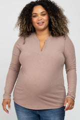 Beige Ribbed Split Collar Maternity Plus Top