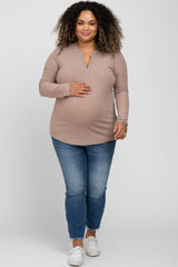 Beige Ribbed Split Collar Maternity Plus Top