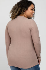 Beige Ribbed Split Collar Maternity Plus Top