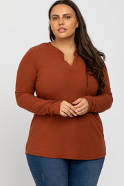 Rust Ribbed Split Collar Plus Top