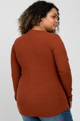 Rust Ribbed Split Collar Maternity Plus Top