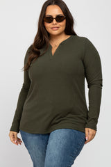 Olive Ribbed Split Collar Maternity Plus Top