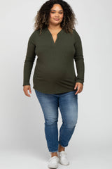 Olive Ribbed Split Collar Maternity Plus Top