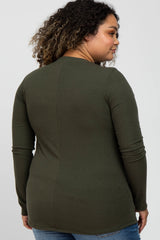 Olive Ribbed Split Collar Maternity Plus Top