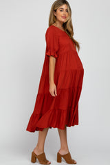 Rust Tiered Maternity Midi Dress