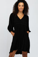 Black Linen Raw Edge Hi-Low Hem Dress