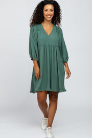 Green Linen Raw Edge Hi-Low Hem Dress