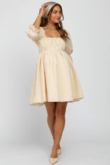 Beige Floral Eyelet 3/4 Puff Sleeve Maternity Dress