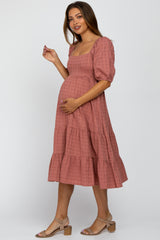 Mauve Plaid Square Neck Maternity Midi Dress