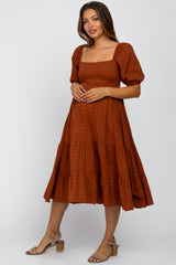 Rust Plaid Square Neck Maternity Midi Dress