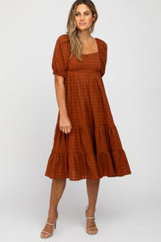 Rust Plaid Square Neck Midi Dress