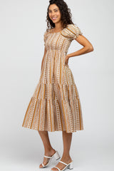 Gold Paisley Print Square Neck Smocked Midi Dress