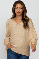 Cream Soft Cable Knit  V-Neck Maternity Sweater