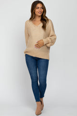 Cream Soft Cable Knit  V-Neck Maternity Sweater