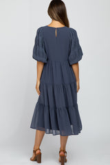 Navy Chiffon Tiered Balloon Sleeve Maternity Midi Dress