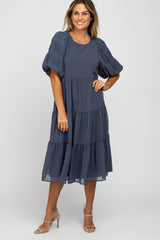 Navy Chiffon Tiered Balloon Sleeve Maternity Midi Dress