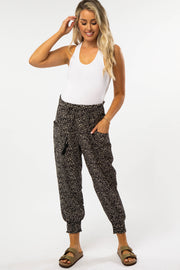 Black Abstract Dot Print Smocked Waist Maternity Pants