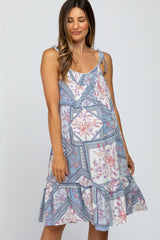 Blue Floral Printed Shoulder Tie Maternity Dress