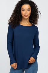 Navy Blue Basic Waffle Knit Maternity Long Sleeve Top