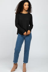 Black Basic Waffle Knit Long Sleeve Top