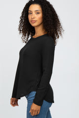 Black Basic Waffle Knit Long Sleeve Top