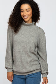 Heather Grey Ribbed Mock Neck Button Trim Long Sleeve Top