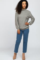 Heather Grey Ribbed Mock Neck Button Trim Long Sleeve Top