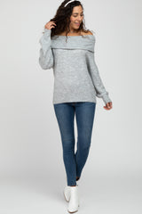 Heather Grey Off Shoulder Foldover Sweater