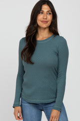 Teal Pointelle Knit Long Sleeve Top