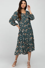 Deep Teal Floral Print Button Front Midi Dress