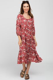 Magenta Floral Print Button Front Midi Dress