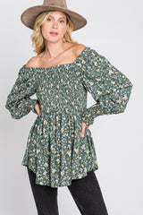 Light Olive Floral Smocked Bubble Sleeve Blouse