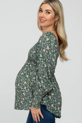 Light Olive Floral Smocked Bubble Sleeve Maternity Blouse