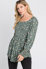 Light Olive Floral Smocked Bubble Sleeve Blouse