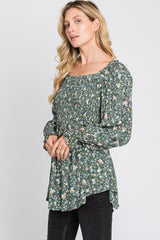 Light Olive Floral Smocked Bubble Sleeve Blouse