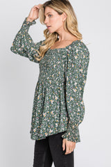 Light Olive Floral Smocked Bubble Sleeve Blouse