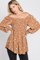 Camel Floral Smocked Bubble Sleeve Blouse