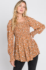 Camel Floral Smocked Bubble Sleeve Blouse