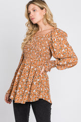 Camel Floral Smocked Bubble Sleeve Blouse