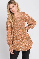 Camel Floral Smocked Bubble Sleeve Blouse