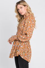 Camel Floral Smocked Bubble Sleeve Blouse